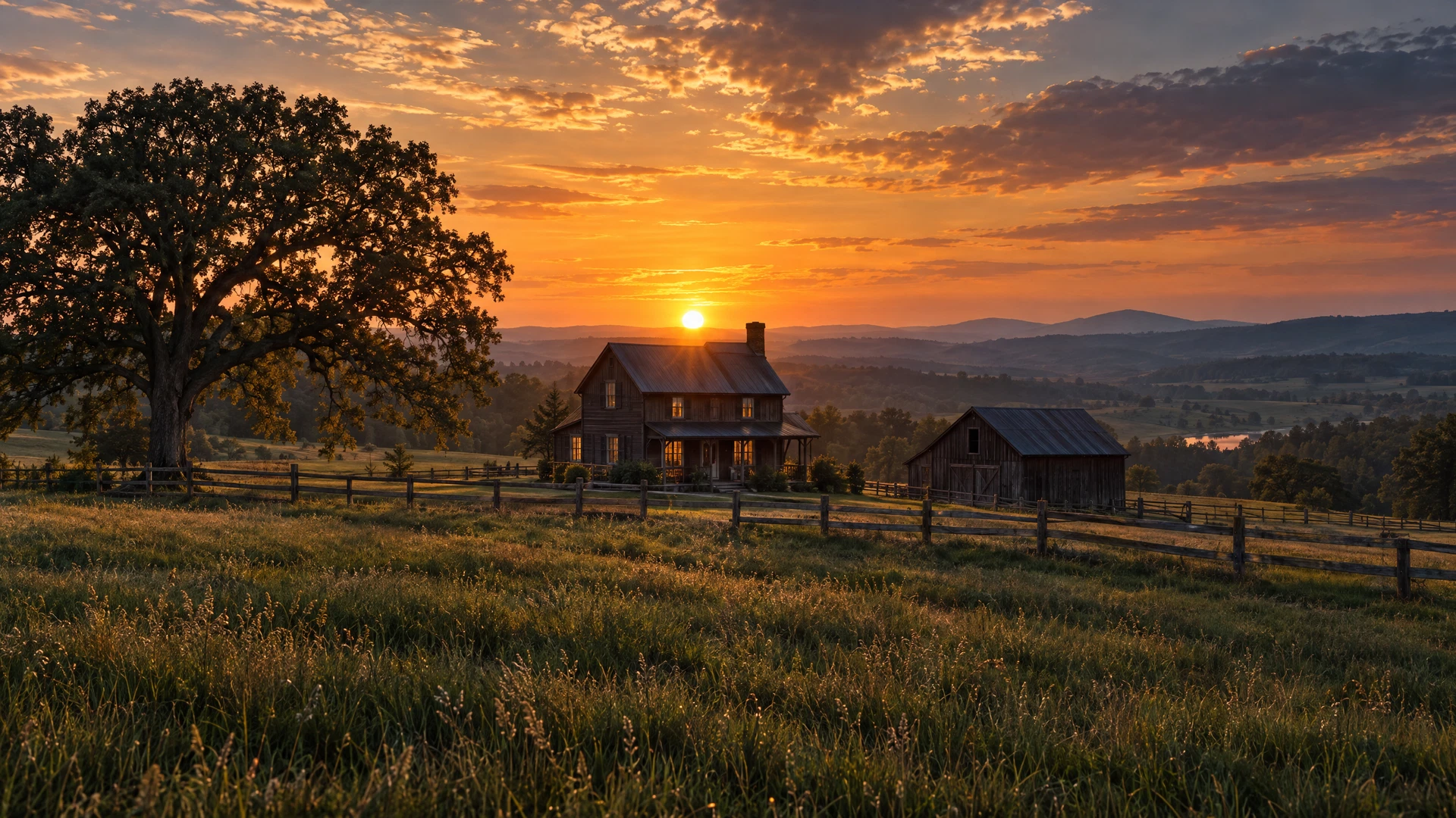 Sun setting over a country homestead, farmhouse and fields