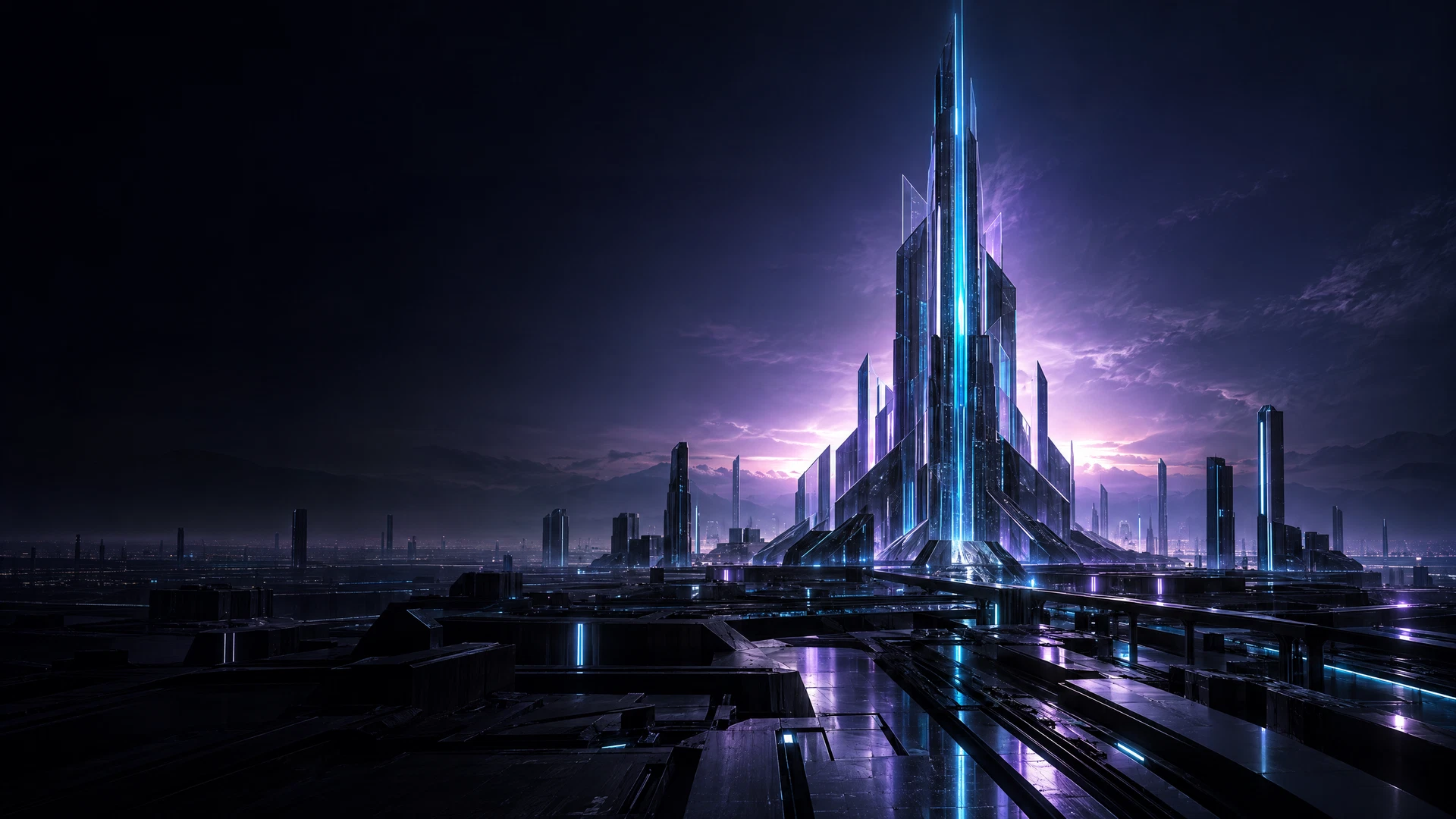 Angular silicon signal tower rising from a cyan and ultraviolet circuit landscape