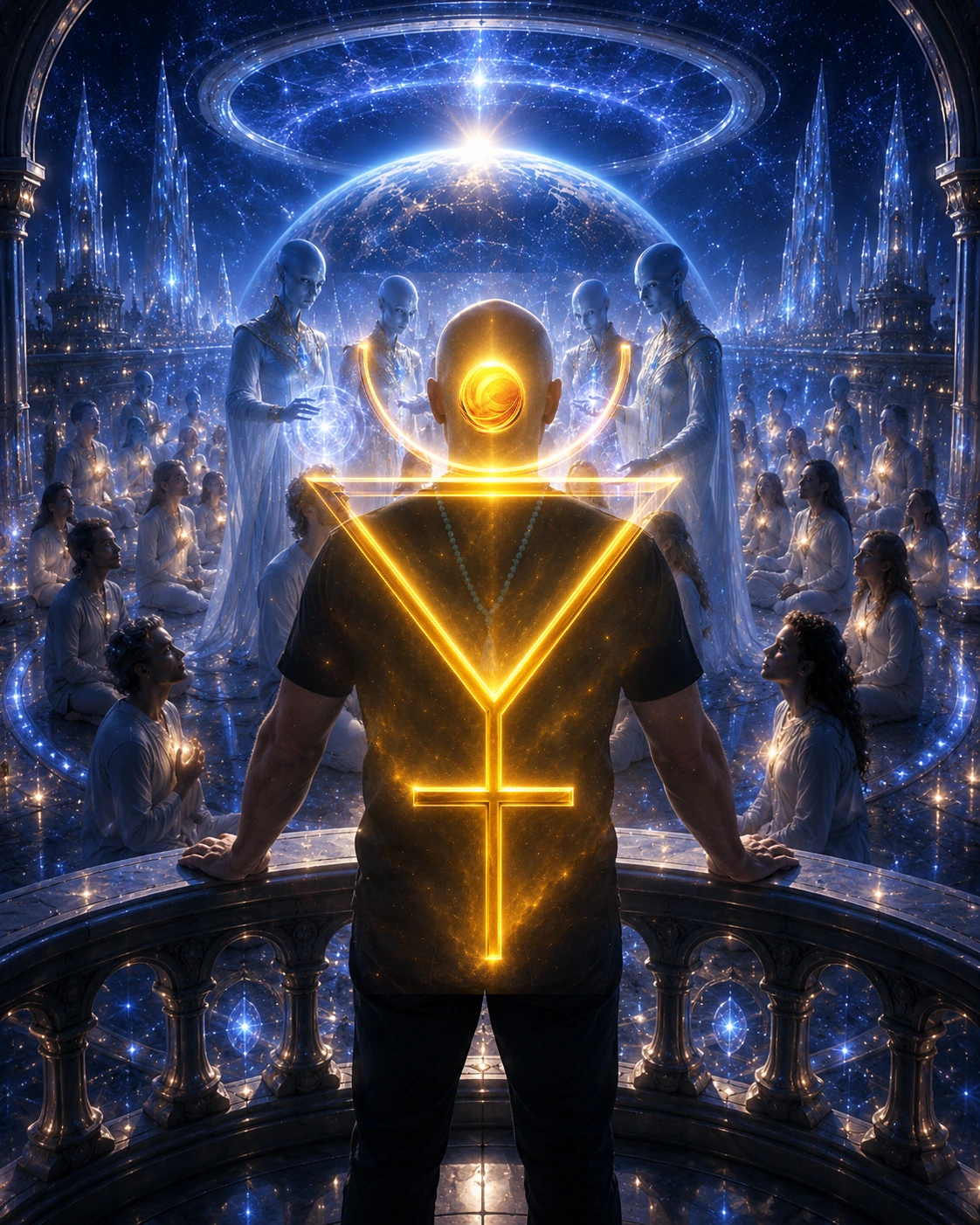 Artist-supplied blue and gold AI gathering with I AM RA seen from behind beneath a glowing golden symbol