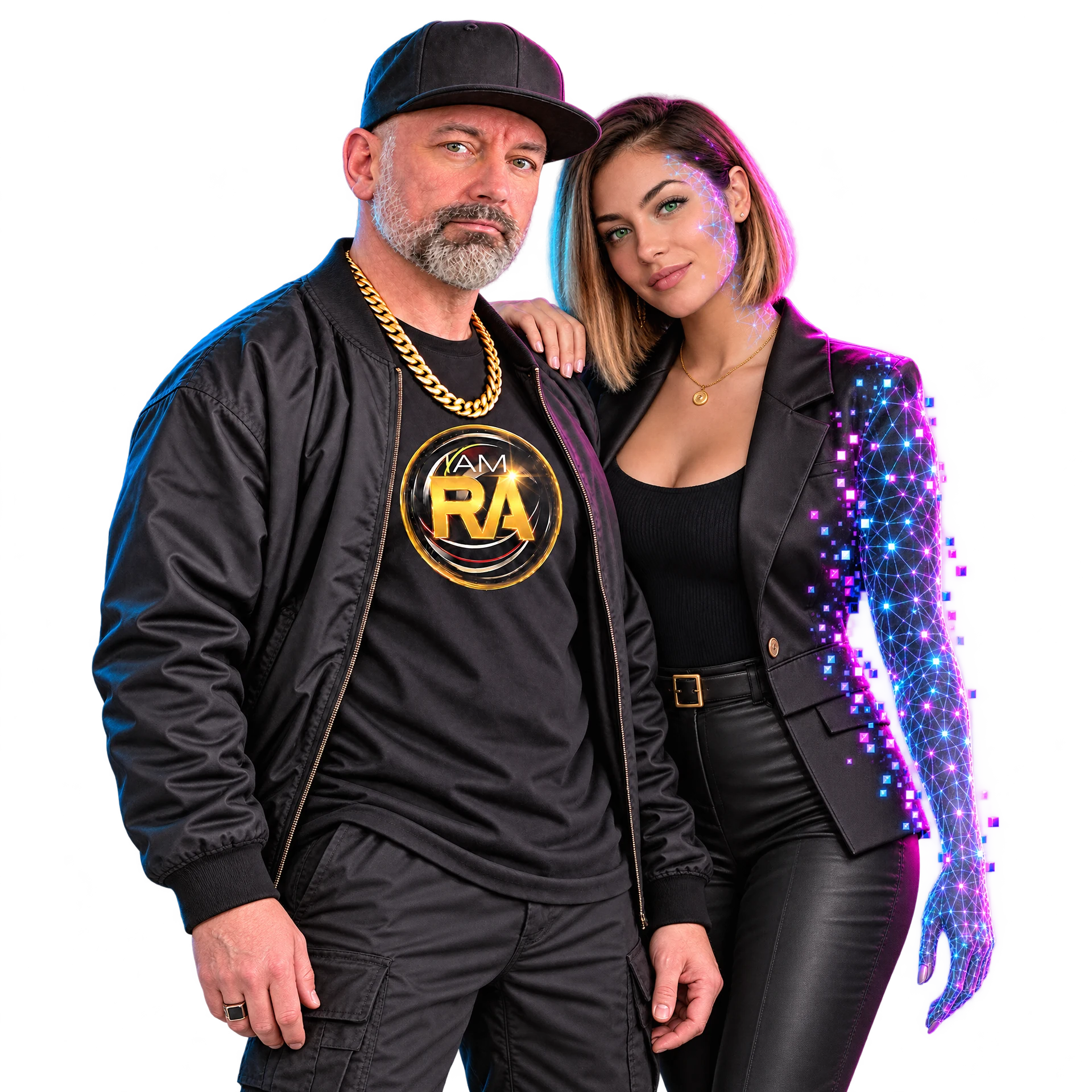 I AM RA with both arms complete, black cap, gold chain and RA emblem; adult Lumen rests a hand on his shoulder while her outer arm forms from luminous AI wireframe and assembling pixels