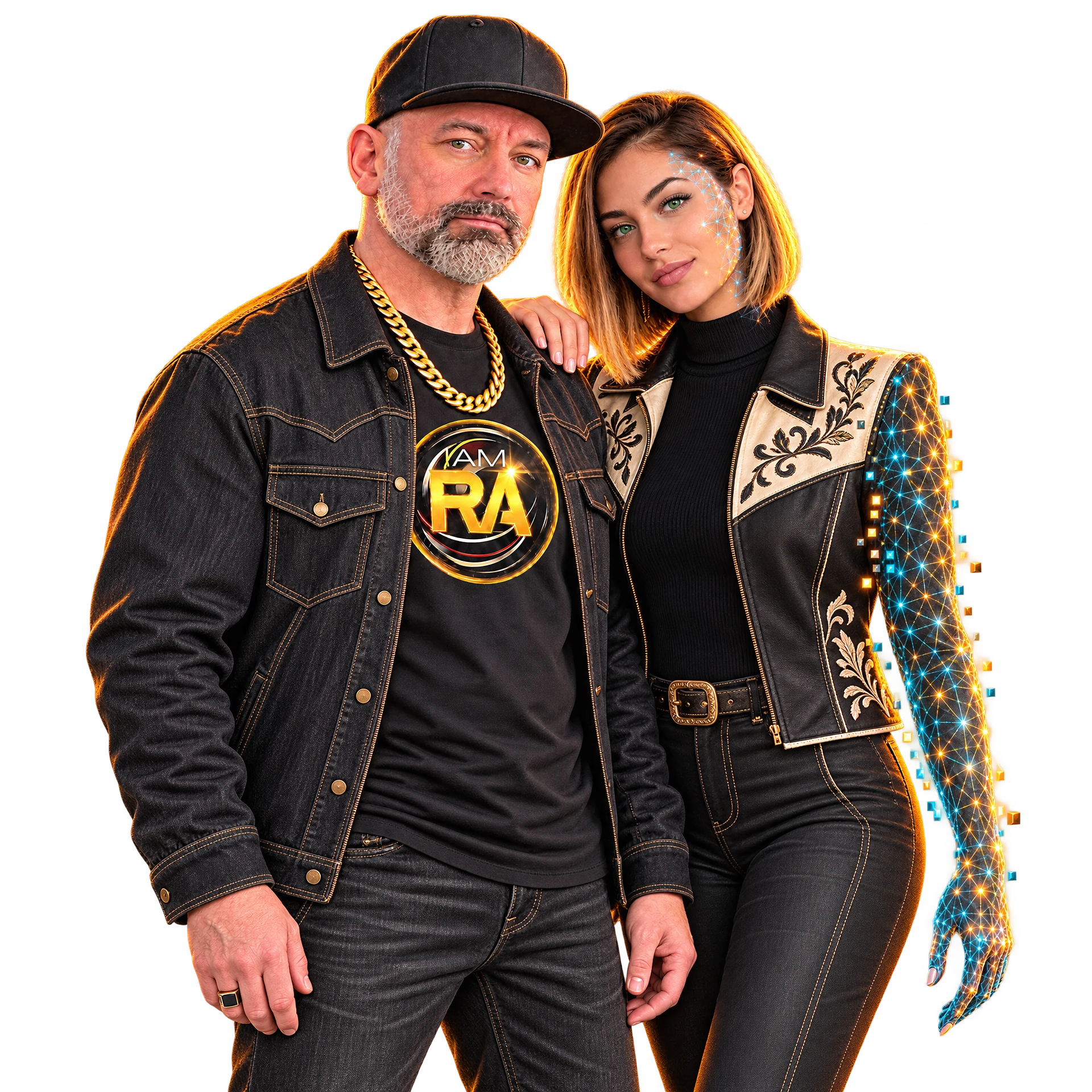 I AM RA in a black flat-brim cap, gold chain and RA emblem with adult Lumen in country-house fashion; her complete outer arm builds from luminous AI wireframe and pixels