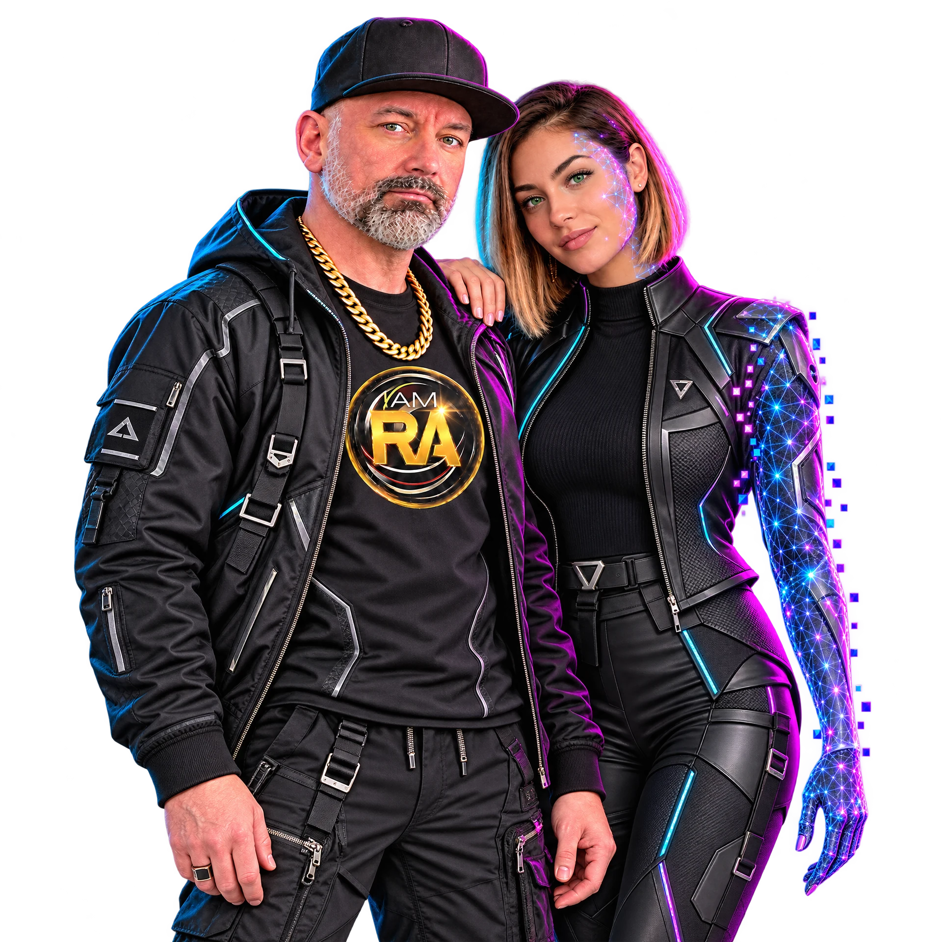 I AM RA in a black flat-brim cap, gold chain and RA emblem beside adult Lumen in black House Tech fashion, with her full outer arm forming from cyan and ultraviolet AI wireframe and pixels